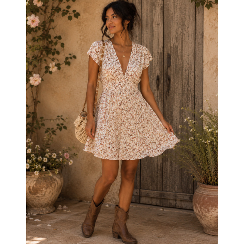 NWT Outerknown Juniper Floral Print V-Neck Mini Dress Sz M Cottagecore Boho Soft